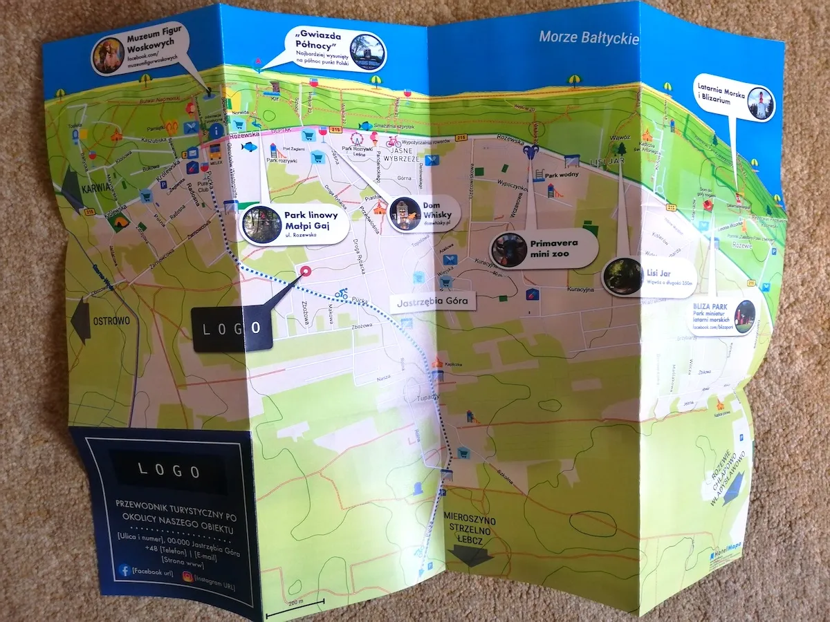 Mapa gastronomiczna Jastrzębiej Góry z zaznaczonymi restauracjami