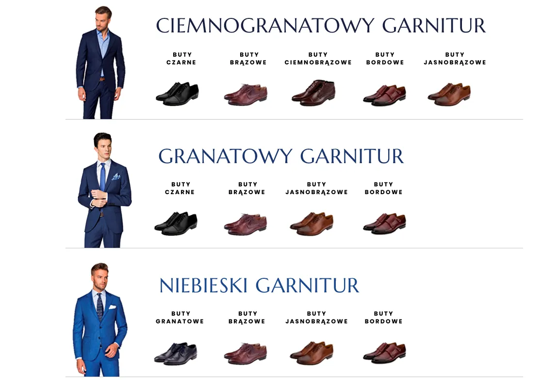 Męskie buty do granatowego garnituru, różne kolory