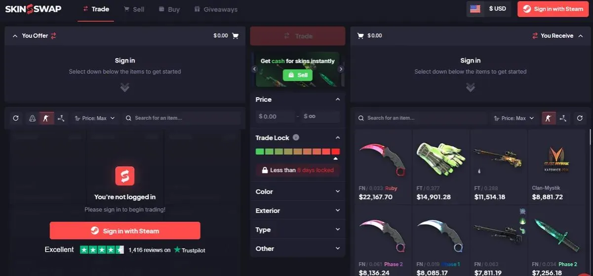 Interfejs serwisu do sprzedaży skinów Steam