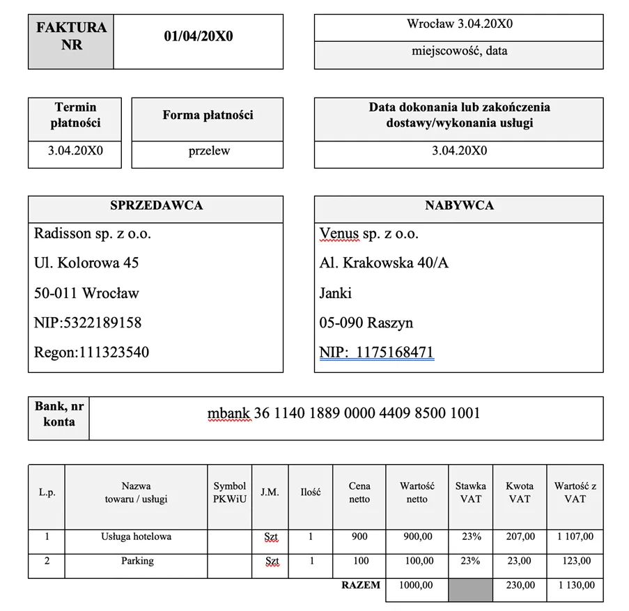 Faktura VAT za nocleg