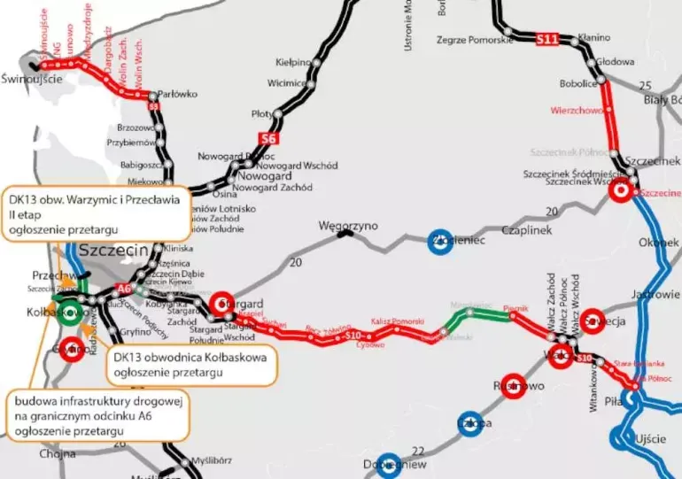 Mapa dr&oacute;g ekspresowych i autostrad prowadzących do Szczecina (S3, S6, A6)
