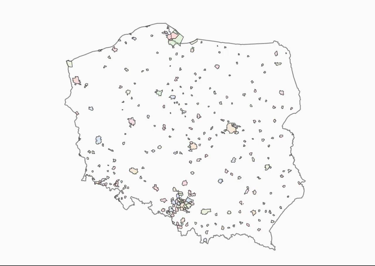 Mapa Polski z oznaczonymi miastami atrakcyjnymi inwestycyjnie pod wynajem