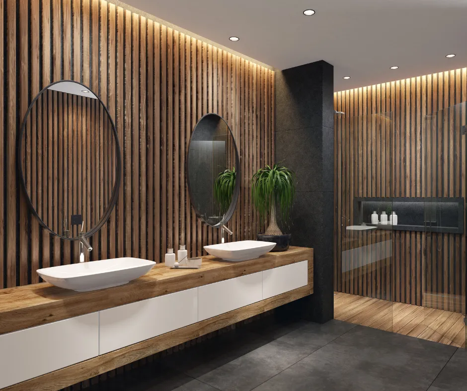 nowoczesna łazienka w domu drewnianym z płytkami i drewnianymi akcentami
