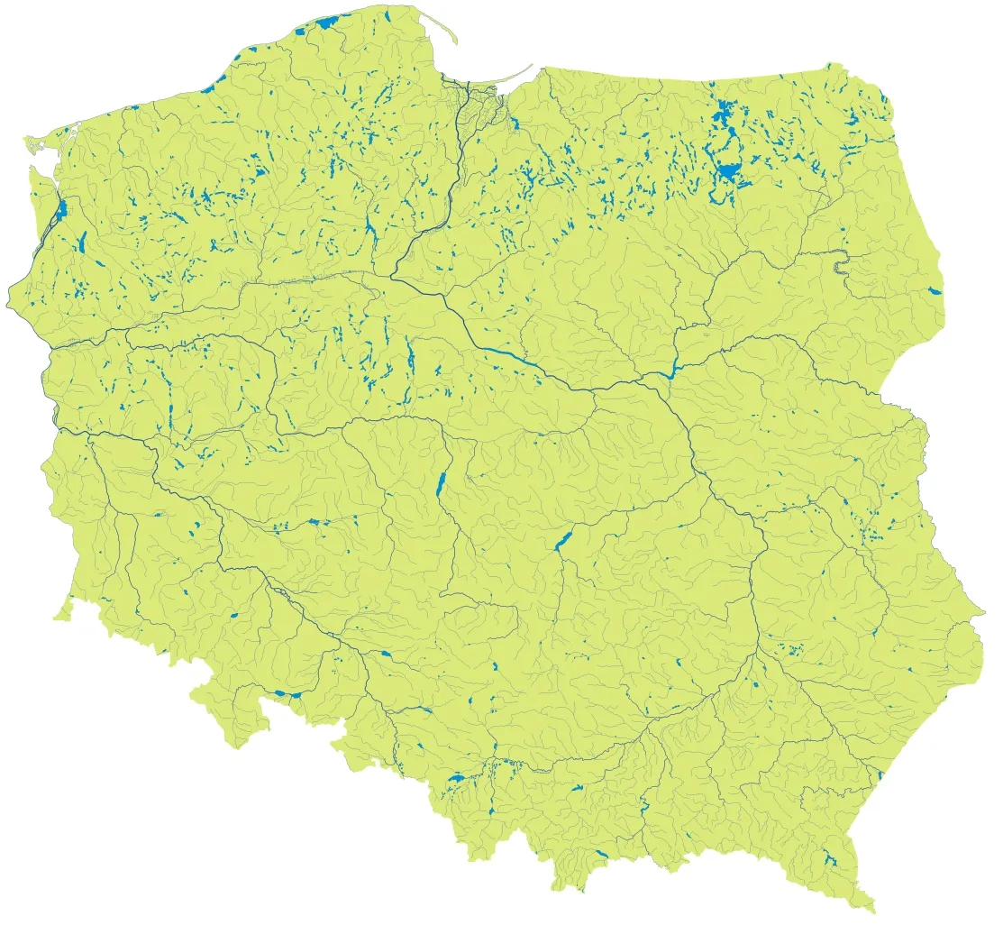 Mapa Polski z zaznaczonymi regionami wędkarskimi i jeziorami