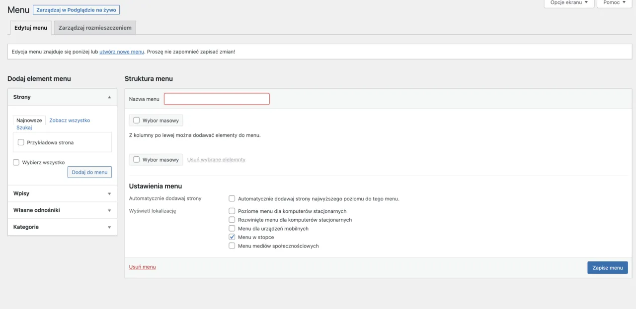 Panel WordPress: dodawanie podstrony do menu. Wybierz strony, wpisy lub kategorie, by stworzyć strukturę strony.