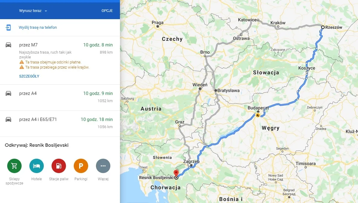 Mapa trasy Warszawa Chorwacja