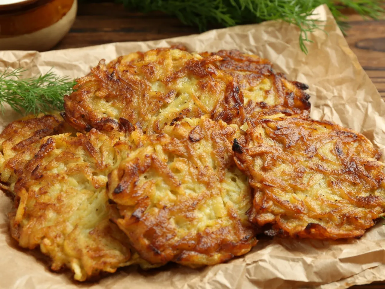 Placki ziemniaczane, idealne rozwiązanie, co zrobić z ugotowanych ziemniak&oacute;w. Złociste i chrupiące, podane z koperkiem.