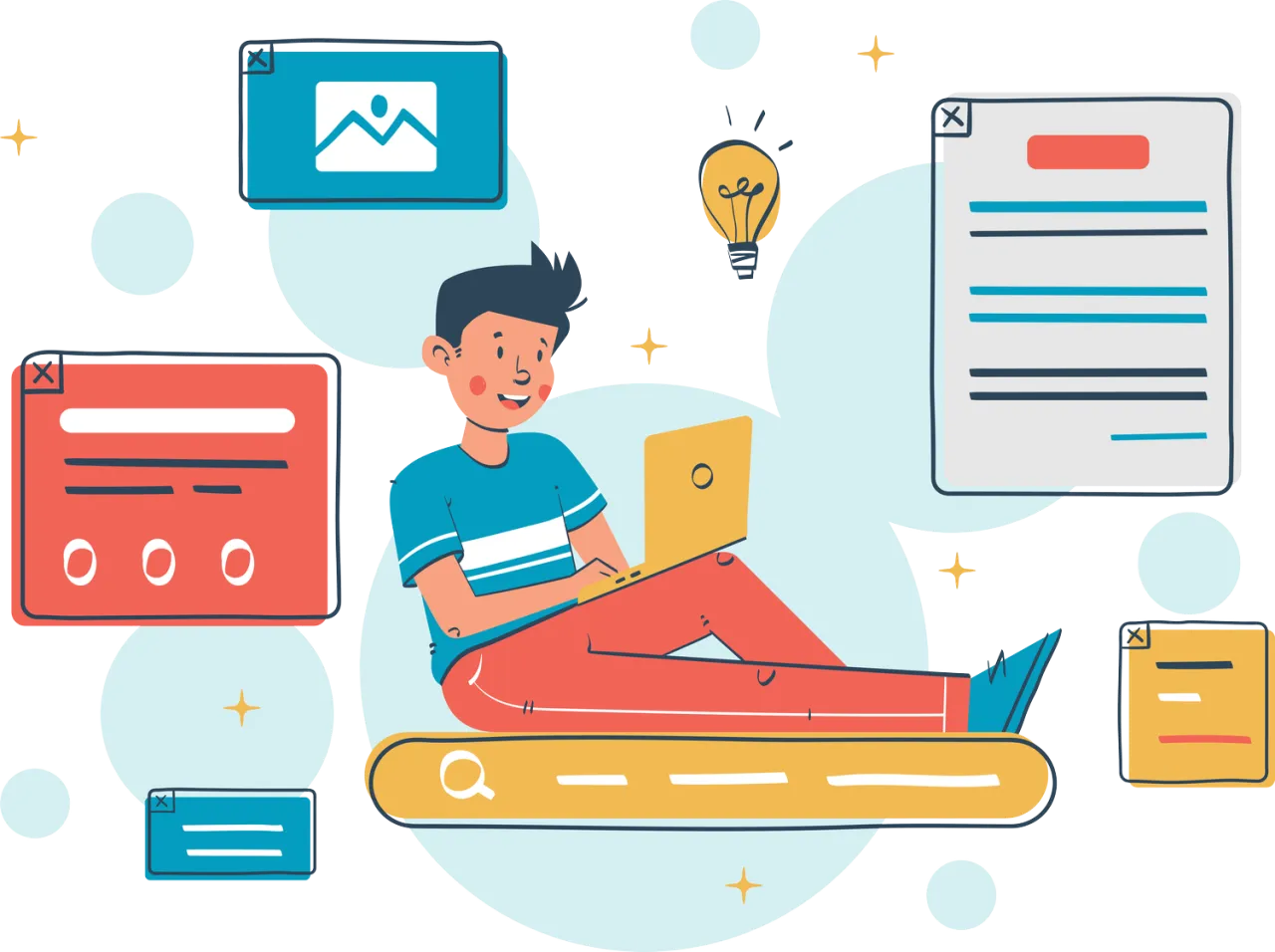 Chłopak z laptopem na tle okienek przeglądarki i żar&oacute;wki. Czy wiesz, hiperłącze co to?