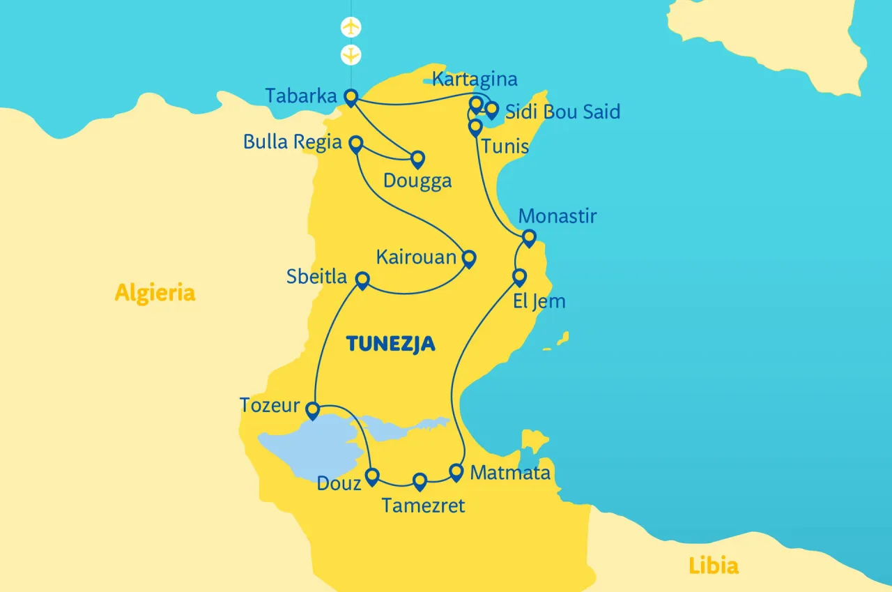 Mapa pokazuje, gdzie leży Tunezja, z zaznaczonymi miastami takimi jak Tunis, Kartagina, Sousse, El Jem, Kairouan, Tozeur, Douz, Matmata, Tamezret, Sbeitla, Bulla Regia i Tabarka.