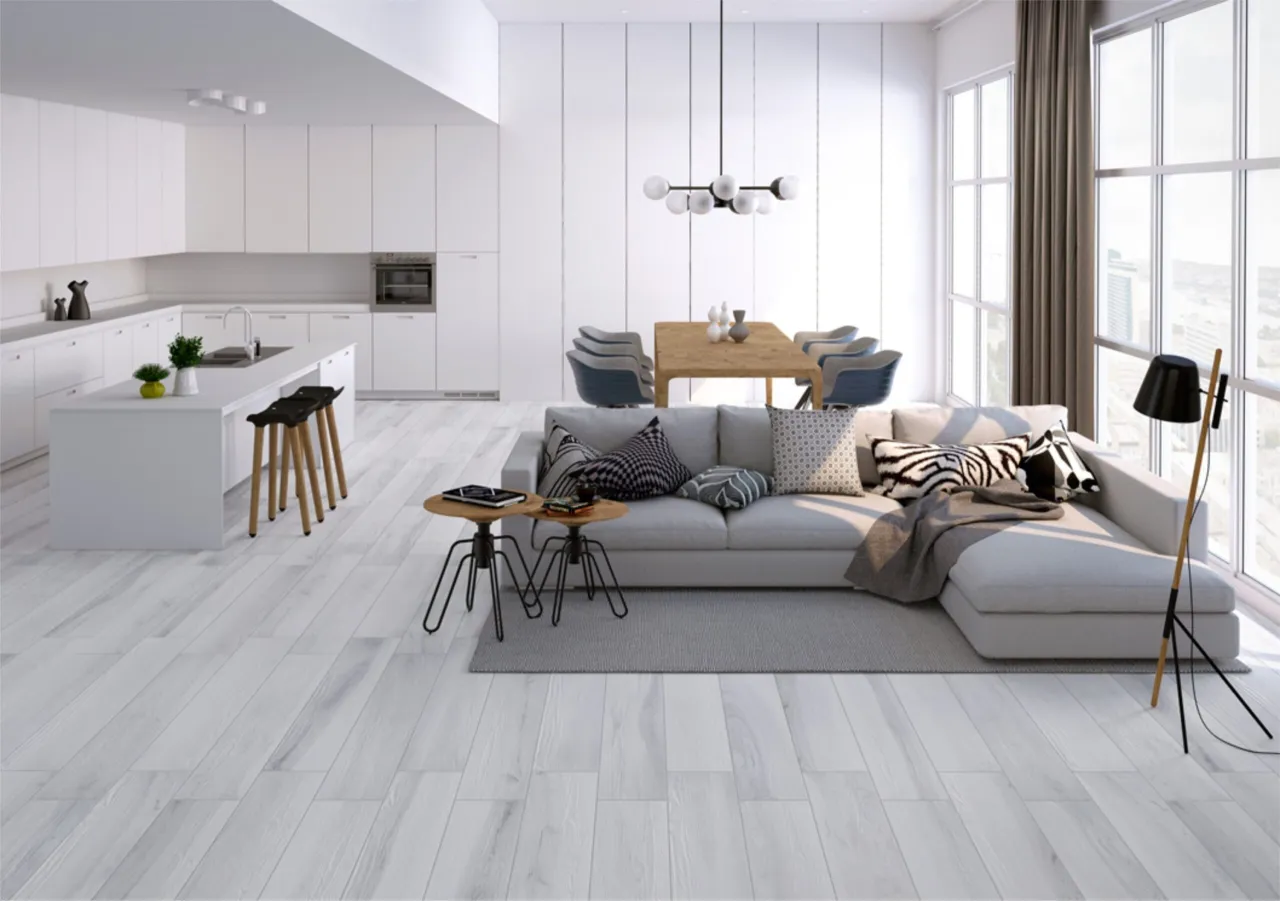 białe meble podłoga beton płytki wzorzyste