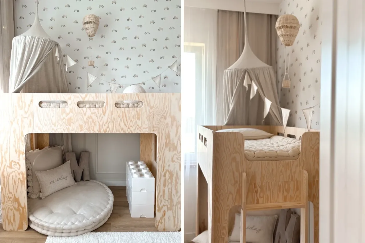 Przytulny mały pokój dla dziewczynki z łóżkiem piętrowym, baldachimem i tapetą w traktory.