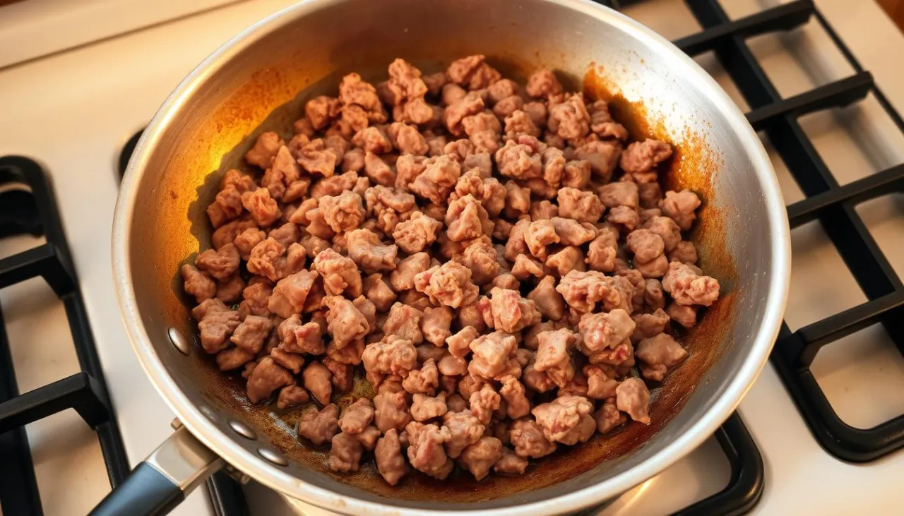 smażenie mięsa mielonego na patelni r&oacute;żne etapy