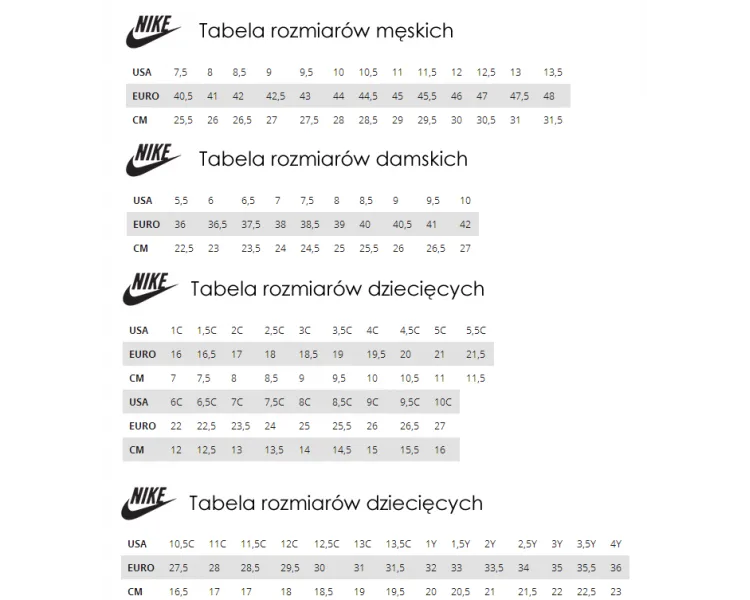 tabela rozmiar&oacute;w nike dziecięce