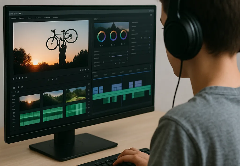 młoda osoba ucząca się montażu wideo na laptopie w kreatywnej przestrzeni