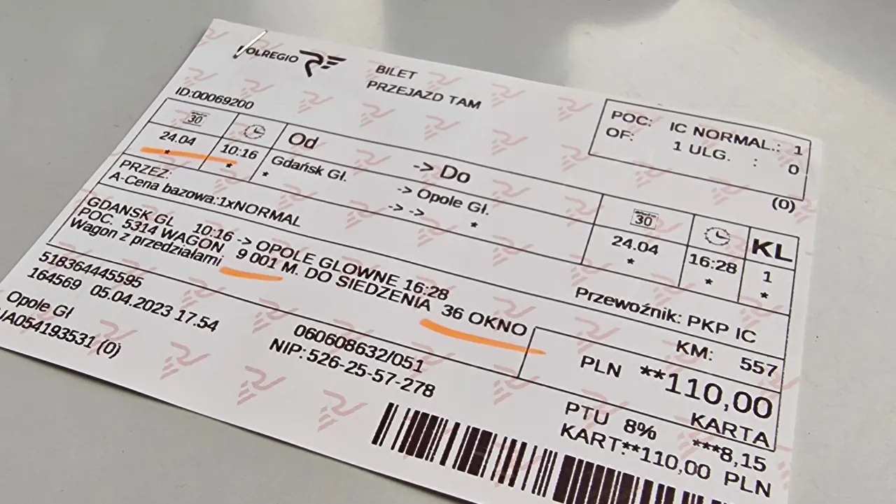 Bilet PKP z Gdańska do Opola, ważny 24.04. Jak zaksięgować bilet PKP? Cena 110 zł.