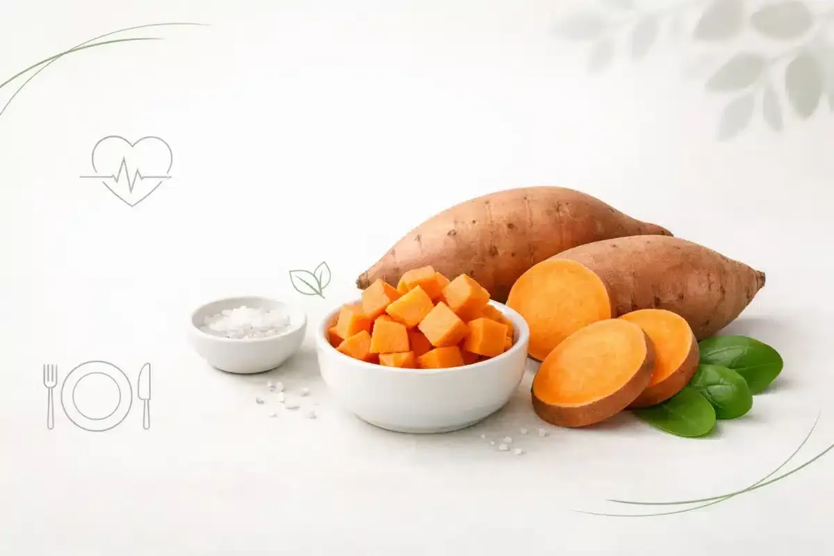 Bataty są zdrowe! Na zdjęciu całe i pokrojone bataty, miseczka z kostkami, sól i liście szpinaku.