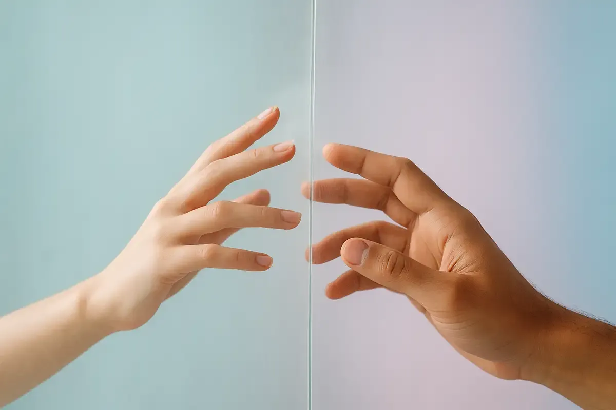 Dwie dłonie, jasna i ciemniejsza, zbliżają się do siebie przez szkło. Czy to początek pytań do drugiej poł&oacute;wki?