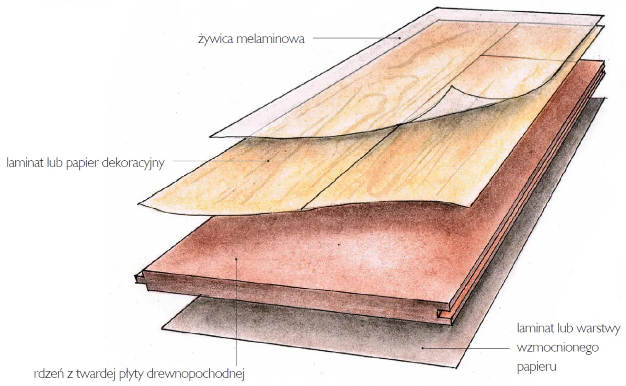 wizualizacja warstw panelu laminowanego z wyróżnieniem warstwy ścieralnej
