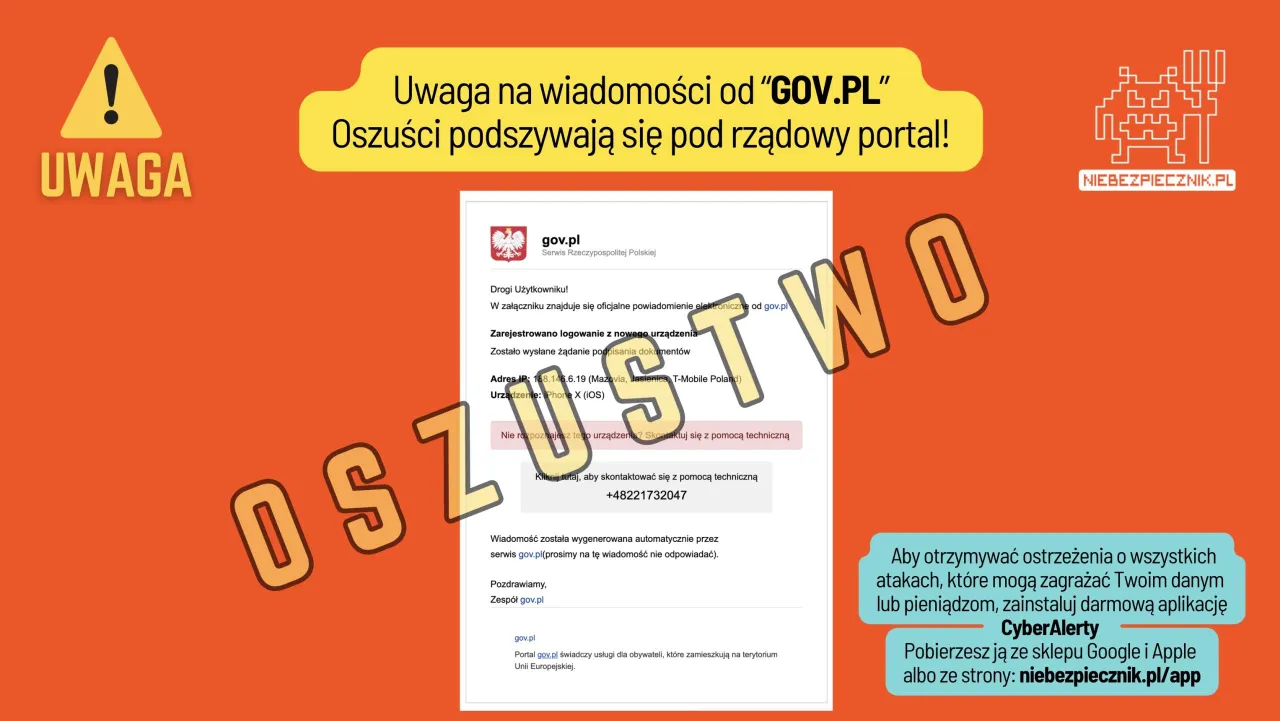 Ostrzeżenie przed oszustami podszywającymi się pod gov.pl. Haker wysłał maila z własnego maila, podszywając się pod rządowy portal.