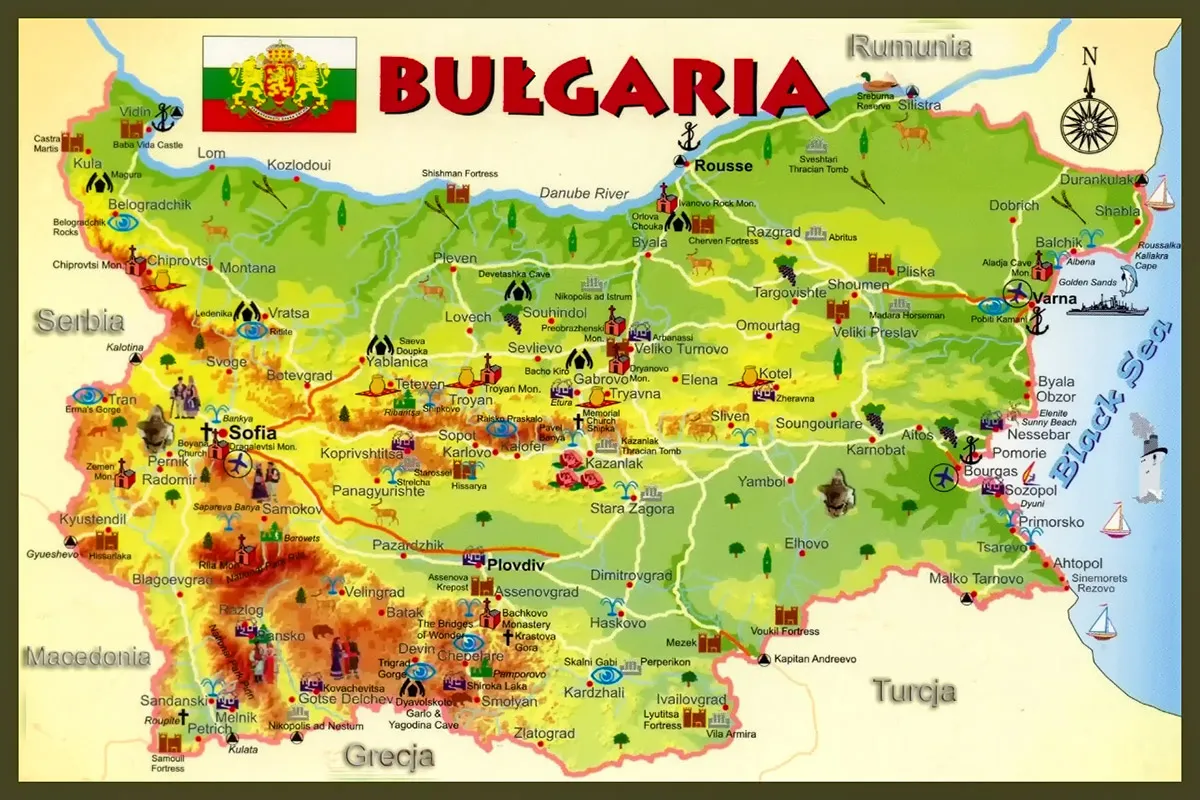 Mapa wybrzeża Morza Czarnego Bułgaria kurorty