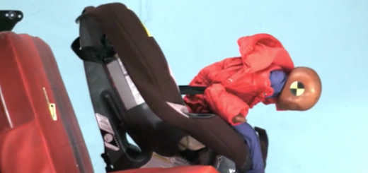 test zderzeniowy manekin w foteliku w kurtce zimowej