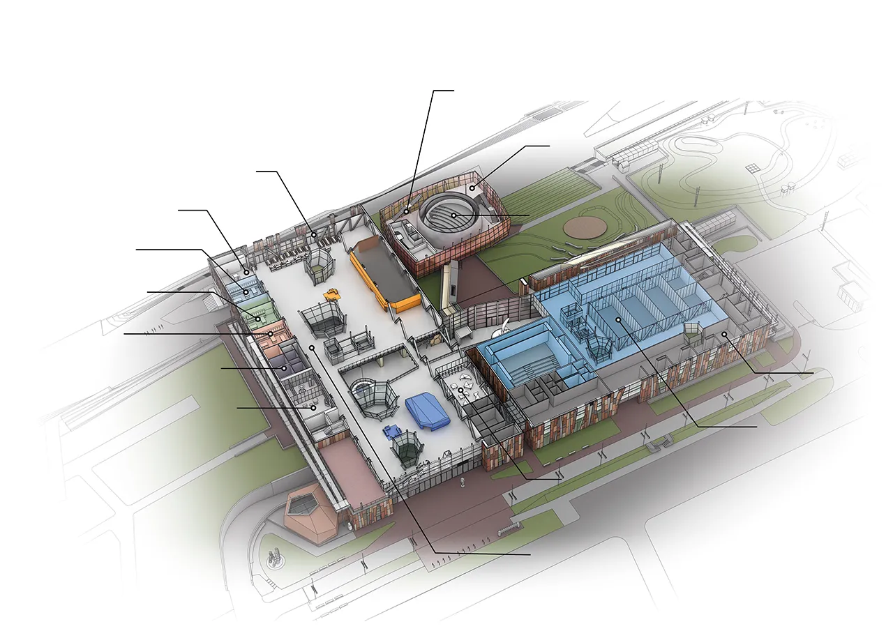Przekrój Centrum Nauki Kopernik z widokiem na wystawy i laboratoria. Plan pomoże Ci zaplanować, jak dojechać metrem do centrum nauki kopernik.