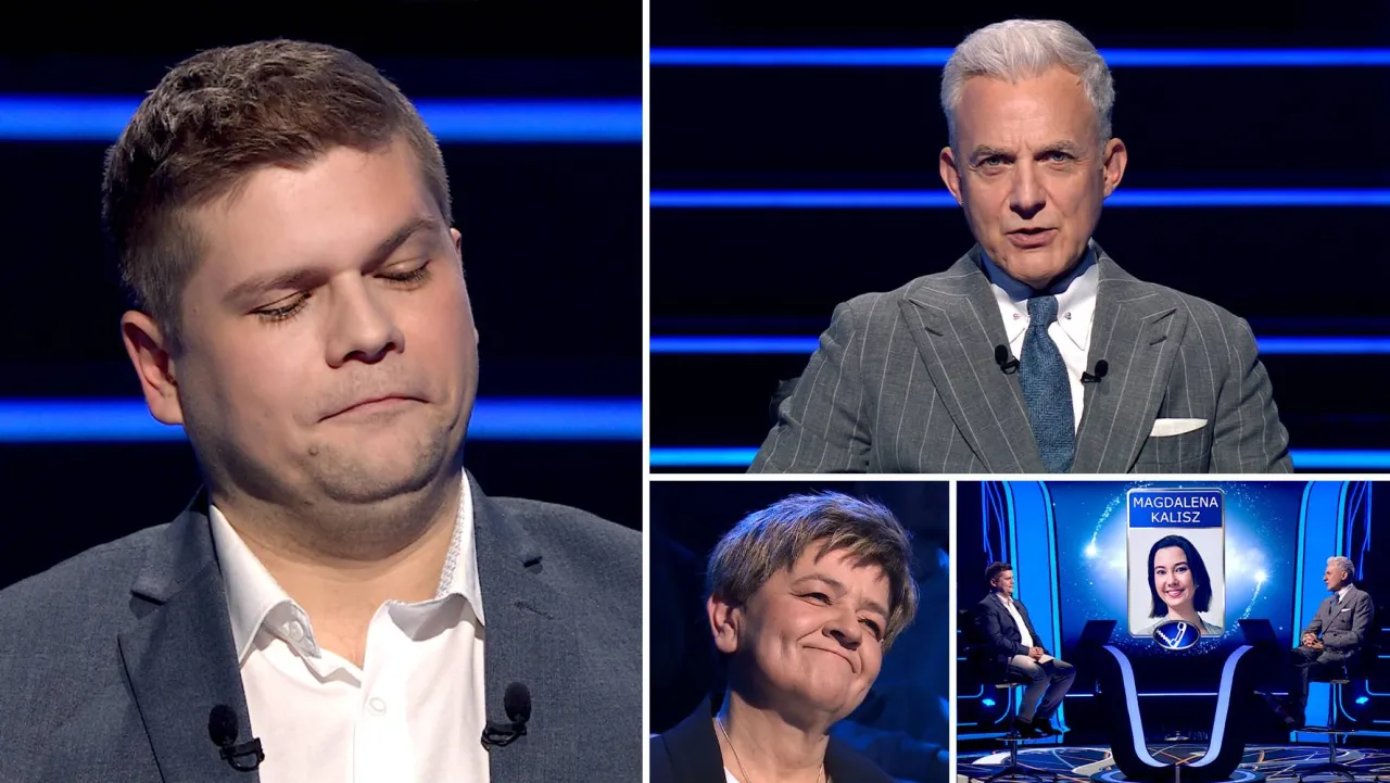 Uczestnik gry zastanawia się, kt&oacute;ry wolumen to wolumin milionerzy. Obok prowadzący i uśmiechnięta kobieta.