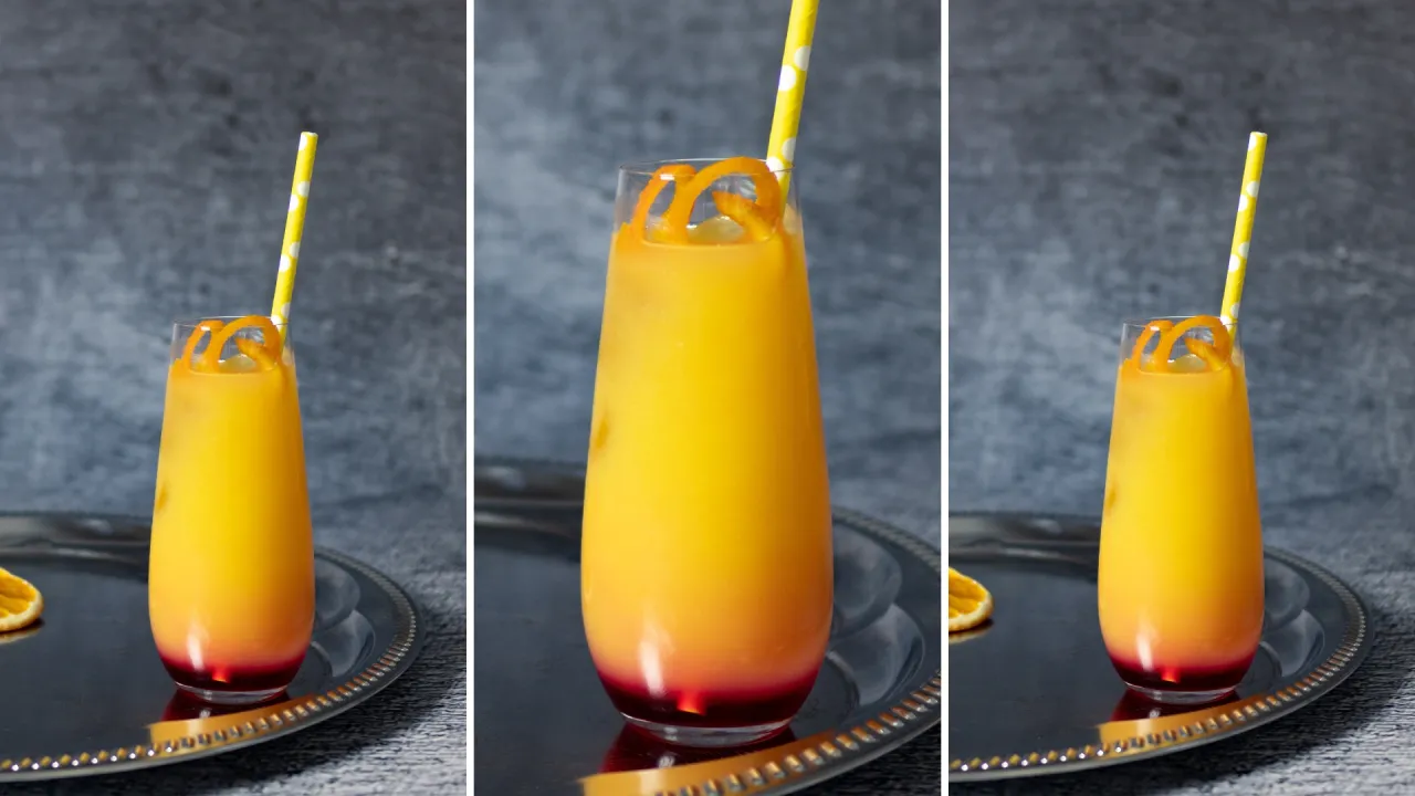 Wódka z Red Bullem i wódka z sokiem pomarańczowym, dwa drinki z pomarańczową skórką i żółtą słomką.