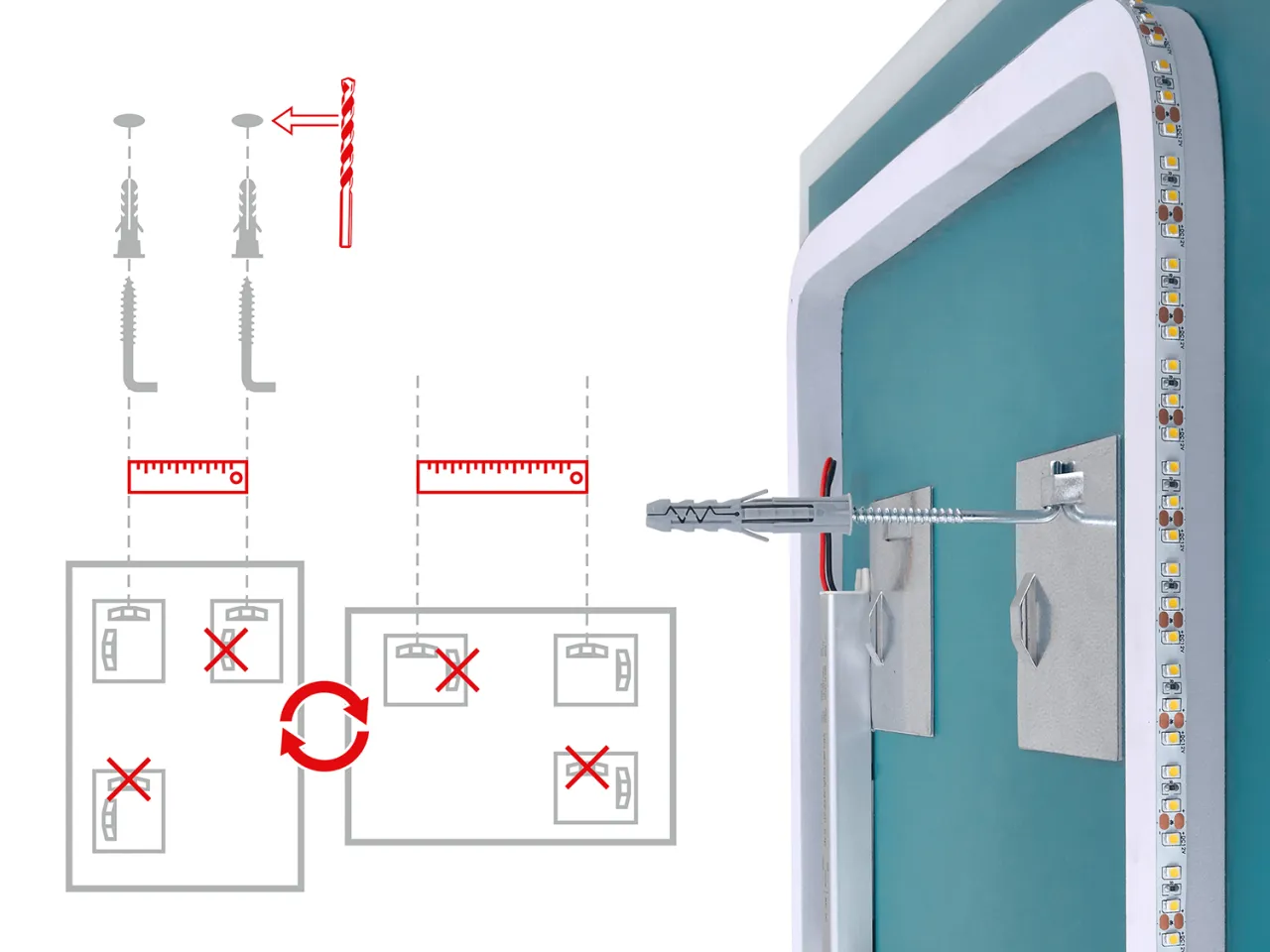 montaż lustra na płytkach gips-karton