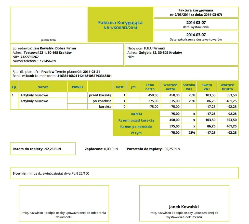 schemat faktury korygującej