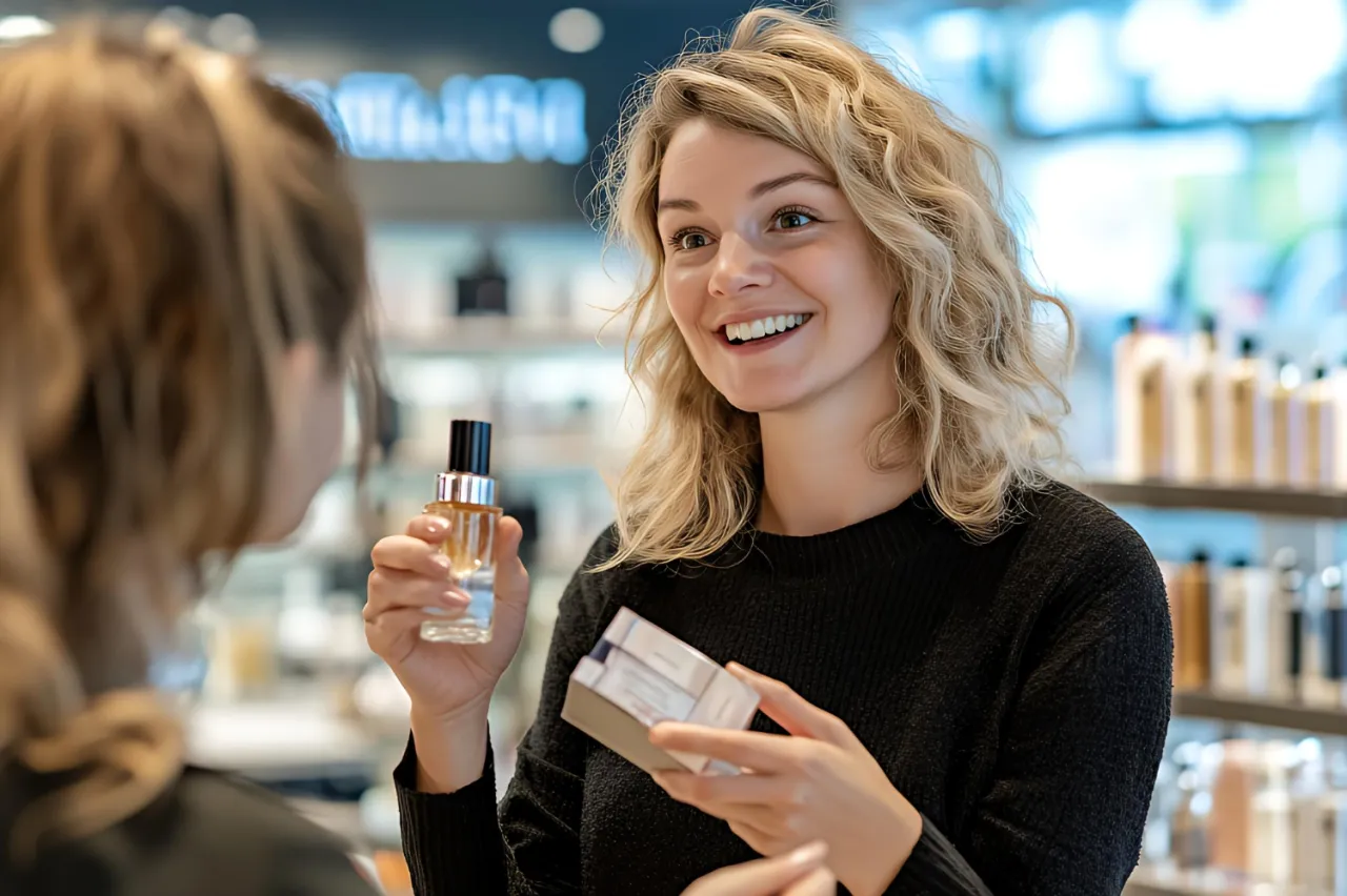 Uśmiechnięta konsultantka w drogerii prezentuje perfumy. Idealna praca dla os&oacute;b, kt&oacute;re chcą pracować w firmach, w kt&oacute;rych można zostać konsultantem.