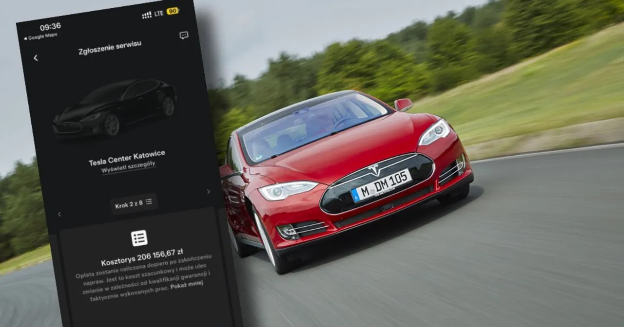 Aplikacja pokazuje szacunkowy koszt naprawy Tesli: 206 156,67 zł. Zastanawiasz się, ile kosztuje bateria do Tesli?