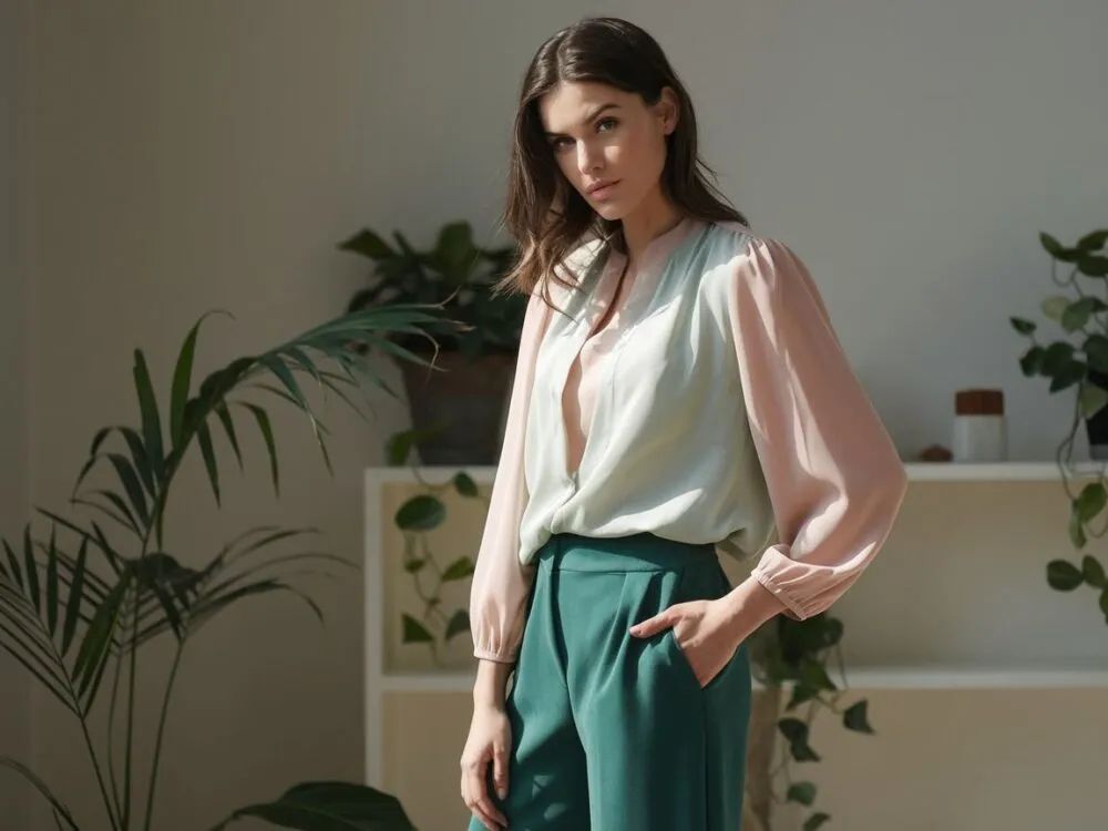 zielone spodnie z kolorową bluzką