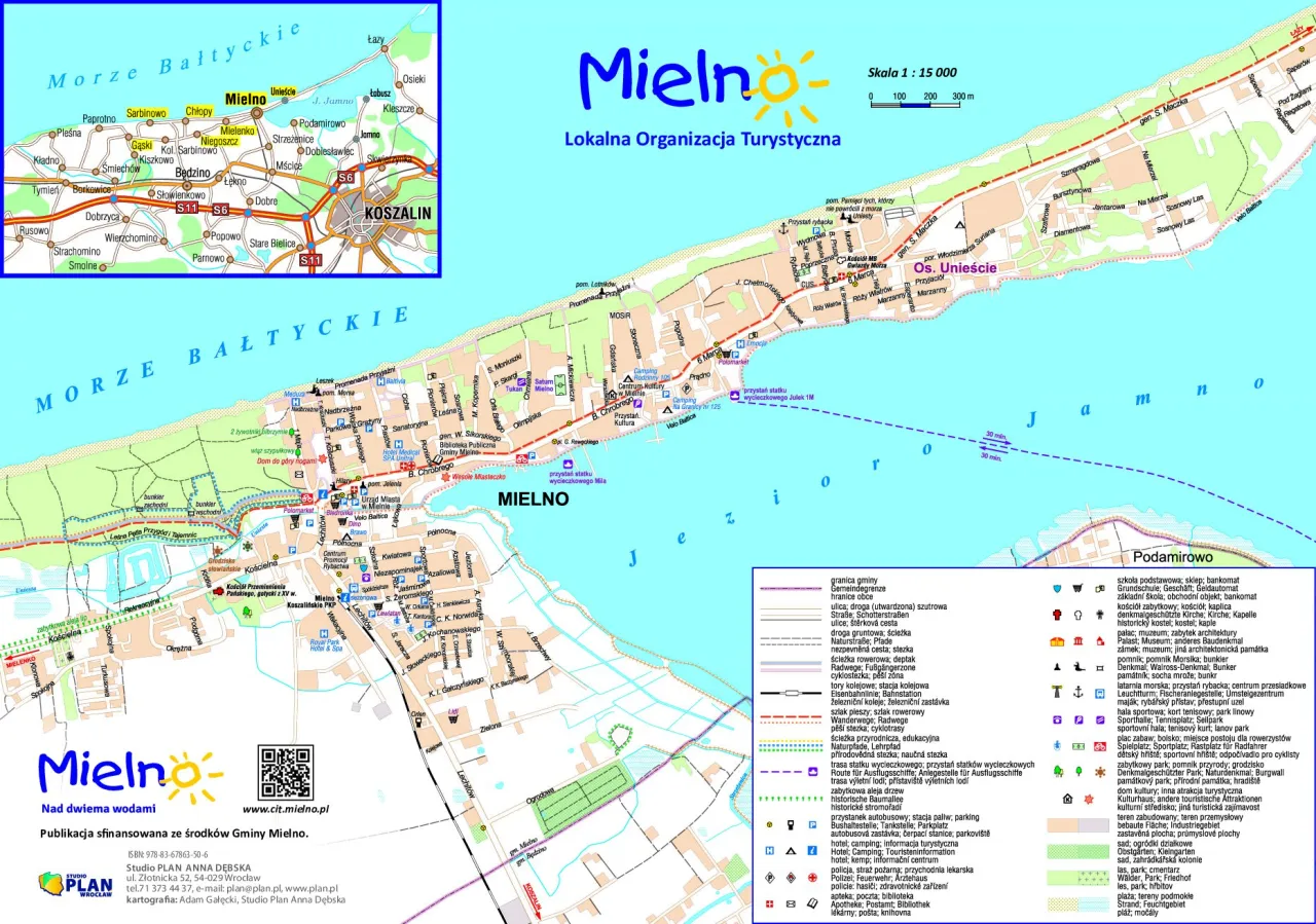 mapa regionu Mielno z zaznaczonymi pobliskimi miastami i kurortami