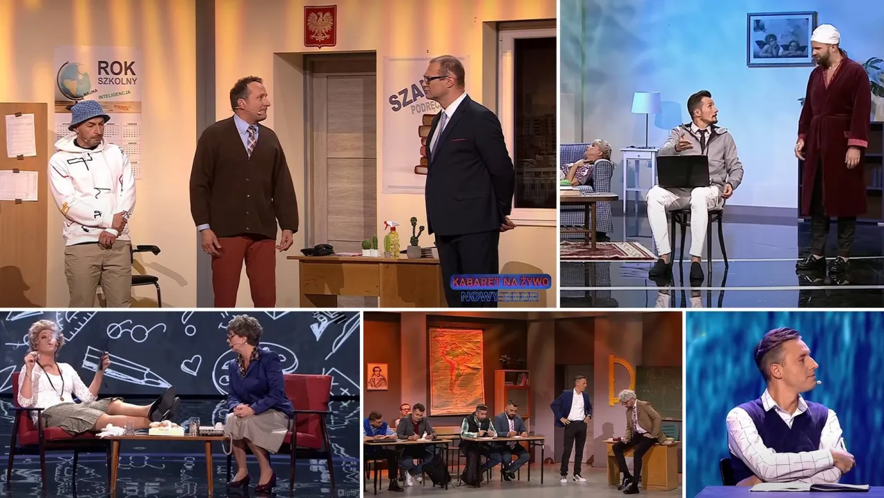 Scena z kabaretu na zakończenie roku szkolnego: uczniowie i nauczyciele w humorystycznych sytuacjach.