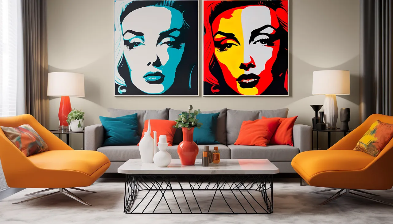 Dwa wyraziste obrazy akrylowe pop art z portretami kobiet, dominują w nowoczesnym salonie z pomarańczowymi fotelami i szarą kanapą.