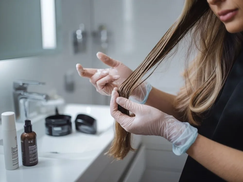 kobieta nakładająca toner na włosy w domu pędzlem fryzjerskim