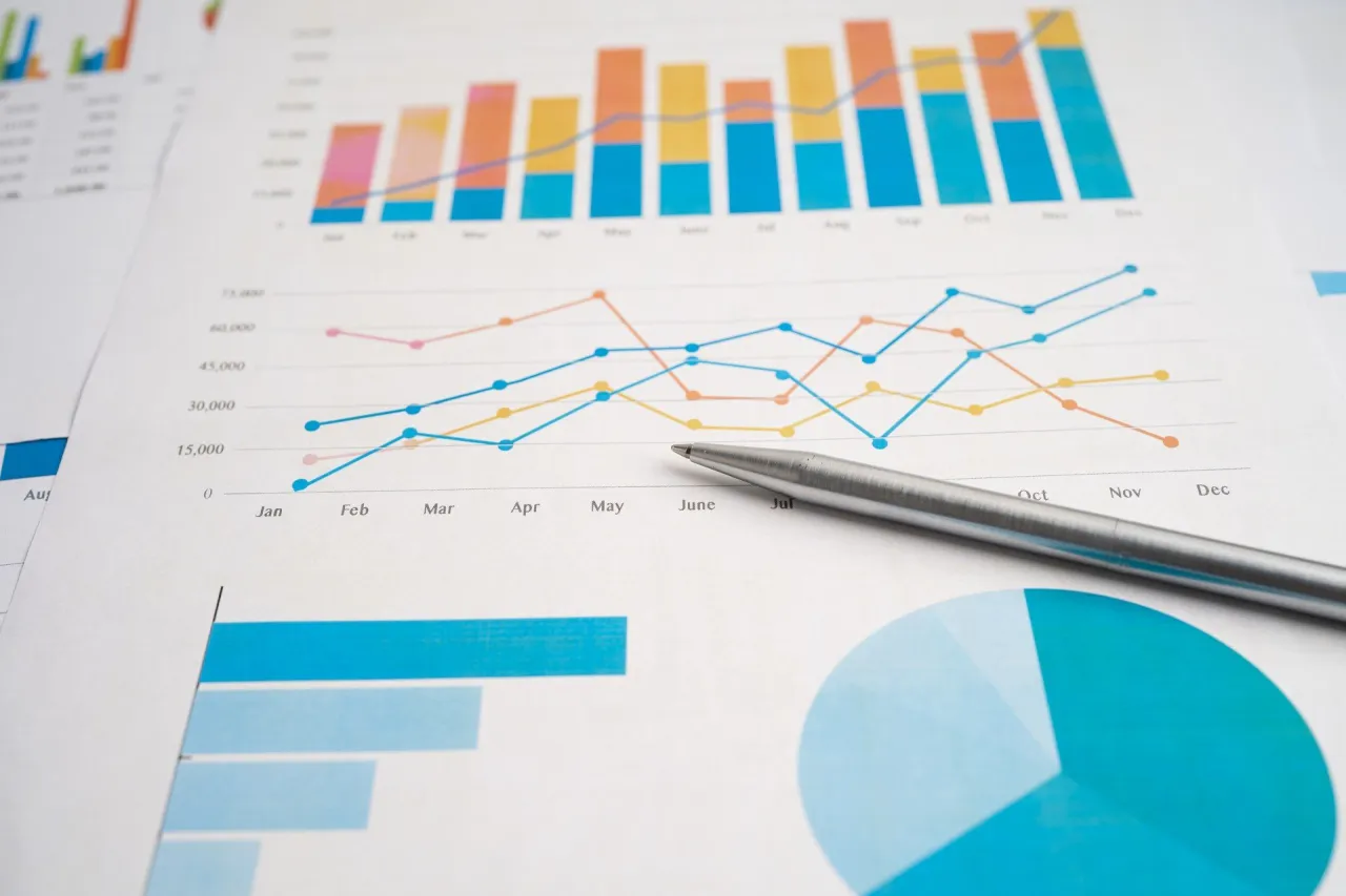 Wykresy i wykres kołowy na papierze, długopis. Analiza danych finansowych, co to towarzystwo funduszy inwestycyjnych.