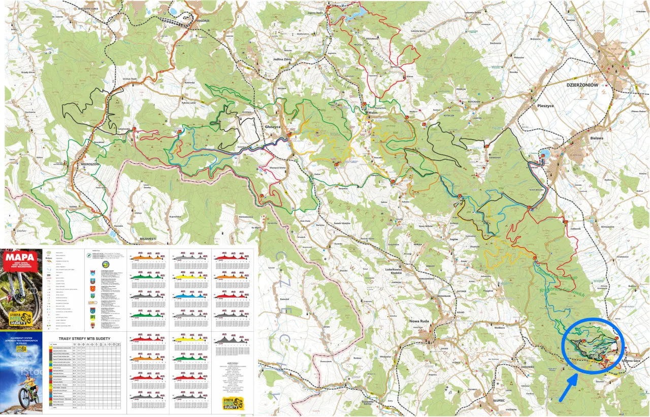 Mapa tras rowerowych w G&oacute;rach Sowich, z zaznaczonymi ścieżkami wok&oacute;ł Srebrnej G&oacute;ry.