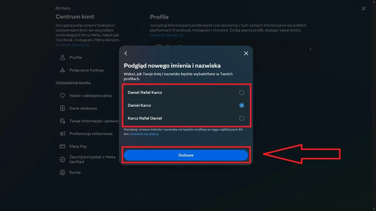 Facebook desktop zmiana imienia ustawienia