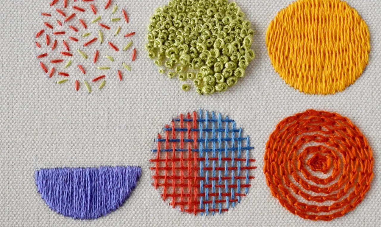 R&oacute;żne wzory haftu, w tym k&oacute;łka i p&oacute;łkole, pokazują, co to fastryga i inne techniki.