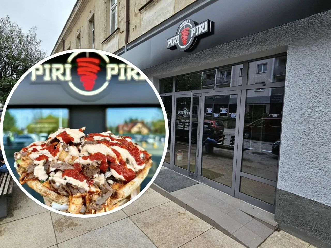 Piri Piri Kebab, gdzie jest? Na zdjęciu widać wejście do lokalu z logo i apetyczny kebab.