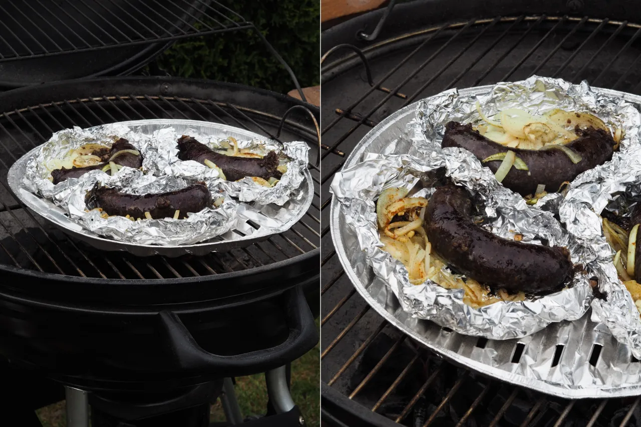 grillowana kaszanka w folii aluminiowej i na ruszcie