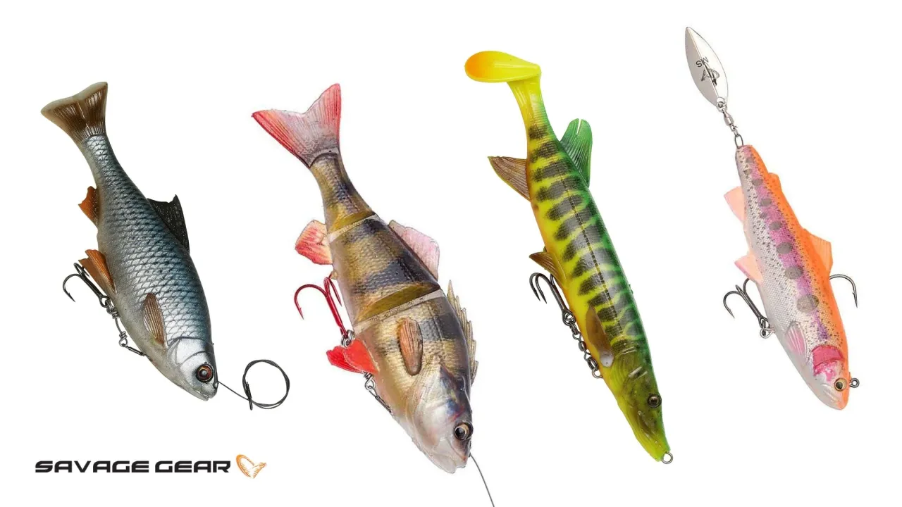 Cztery realistyczne przynęty wędkarskie w kształcie ryb: srebrzysta, okoń, szczupak i pstrąg. Idealne na warta gdzie na ryby.