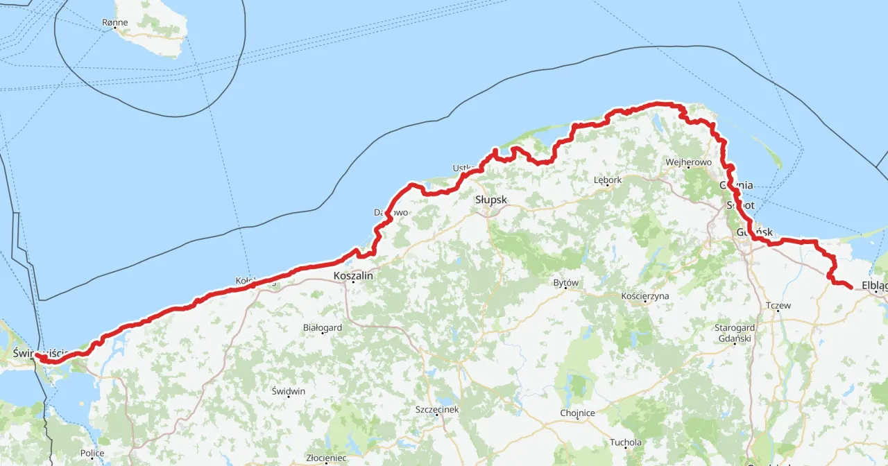 Mapa pokazuje trasę z Koszalina do Kołobrzegu. Odległość między tymi miastami jest zaznaczona czerwoną linią.