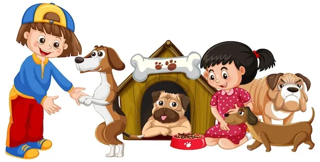 dzieci bawiące się z psem, dzieci uczące się o rasach ps&oacute;w