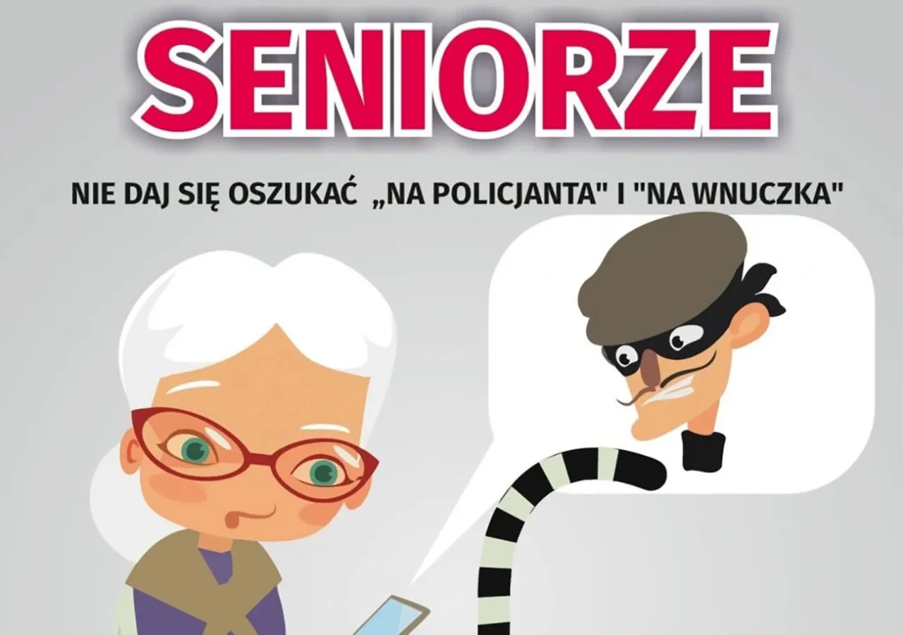 Uważaj na oszustów w internecie! Ilustracja pokazuje starszą panią z telefonem i złodzieja w kominiarce, ostrzegając przed zagrożeniami.