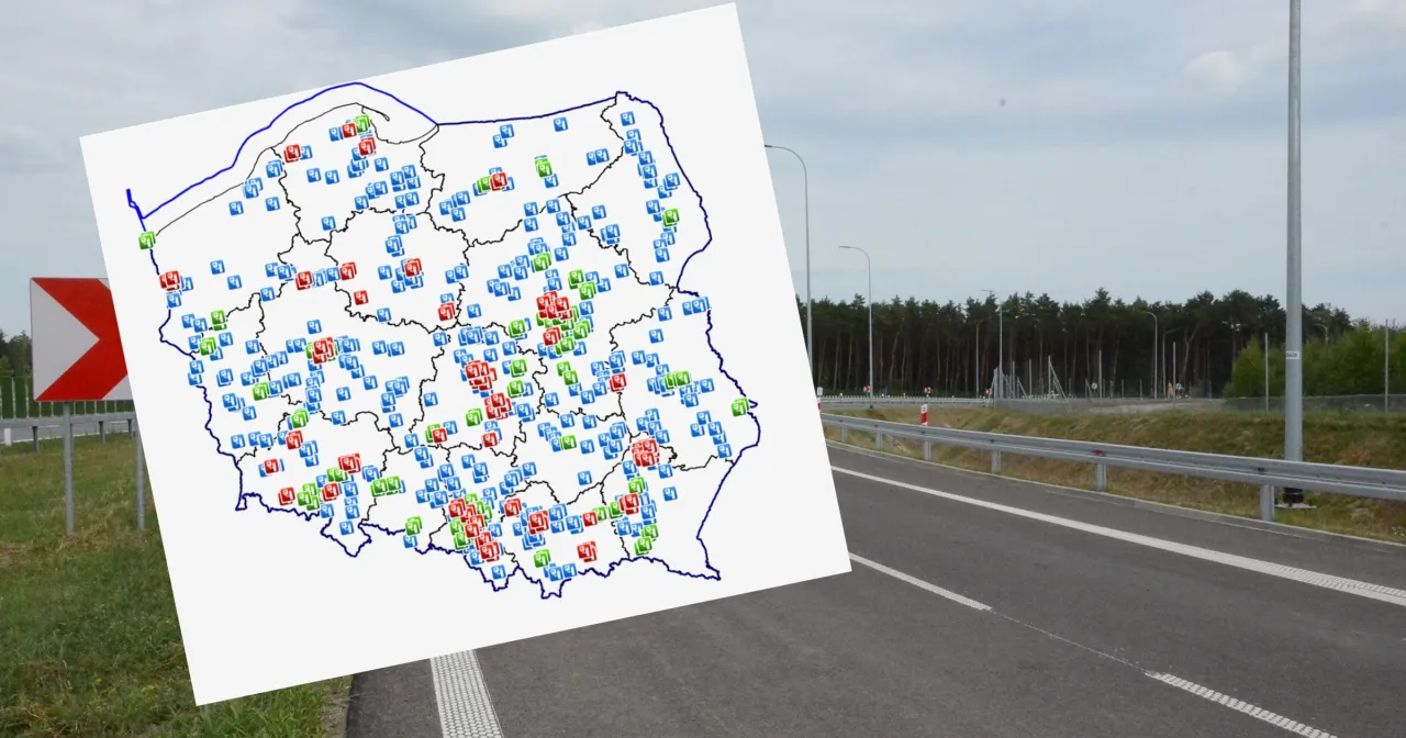 Mapa Polski z zaznaczonymi lokalizacjami fotoradarów na S8.