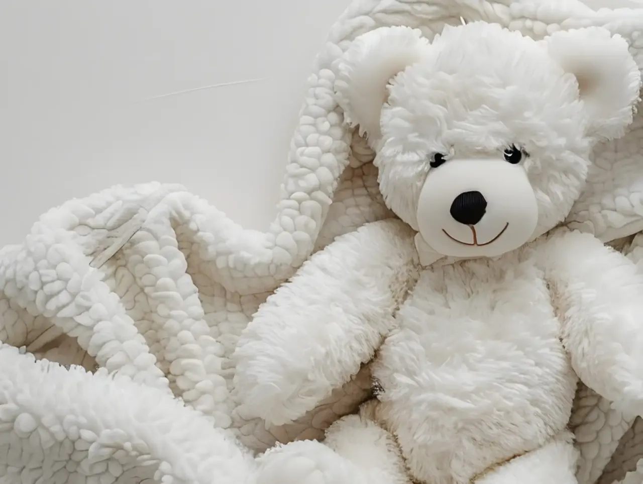 Biały miś, otulony miękkim kocykiem, wygląda jakby właśnie skończył śpiewać kołysankę.