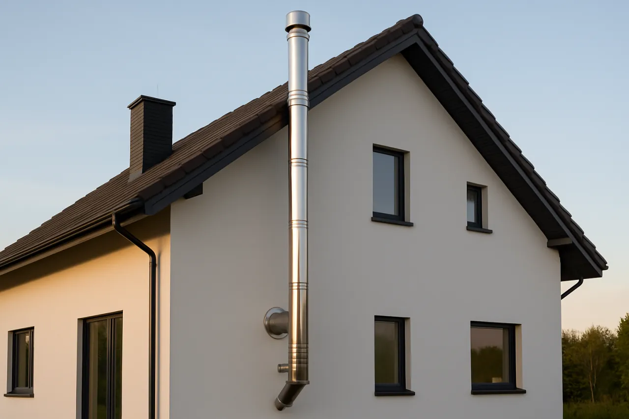 Nowoczesny, błyszczący komin ze stali nierdzewnej na białej ścianie domu szkieletowego. Idealny wyb&oacute;r, jaki komin do domu szkieletowego.